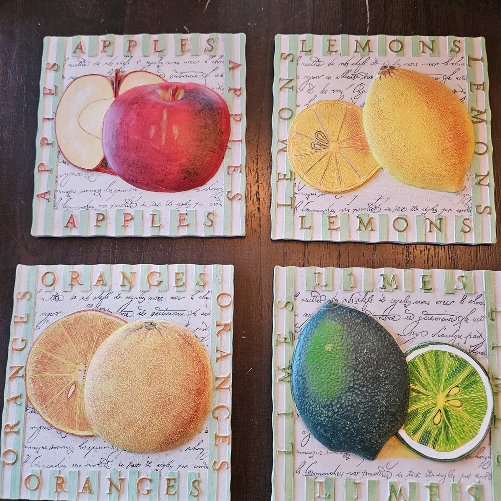 Four Fruit Ceramic Resin Wall Tiles Plaques Apple Lemon Orange Lime